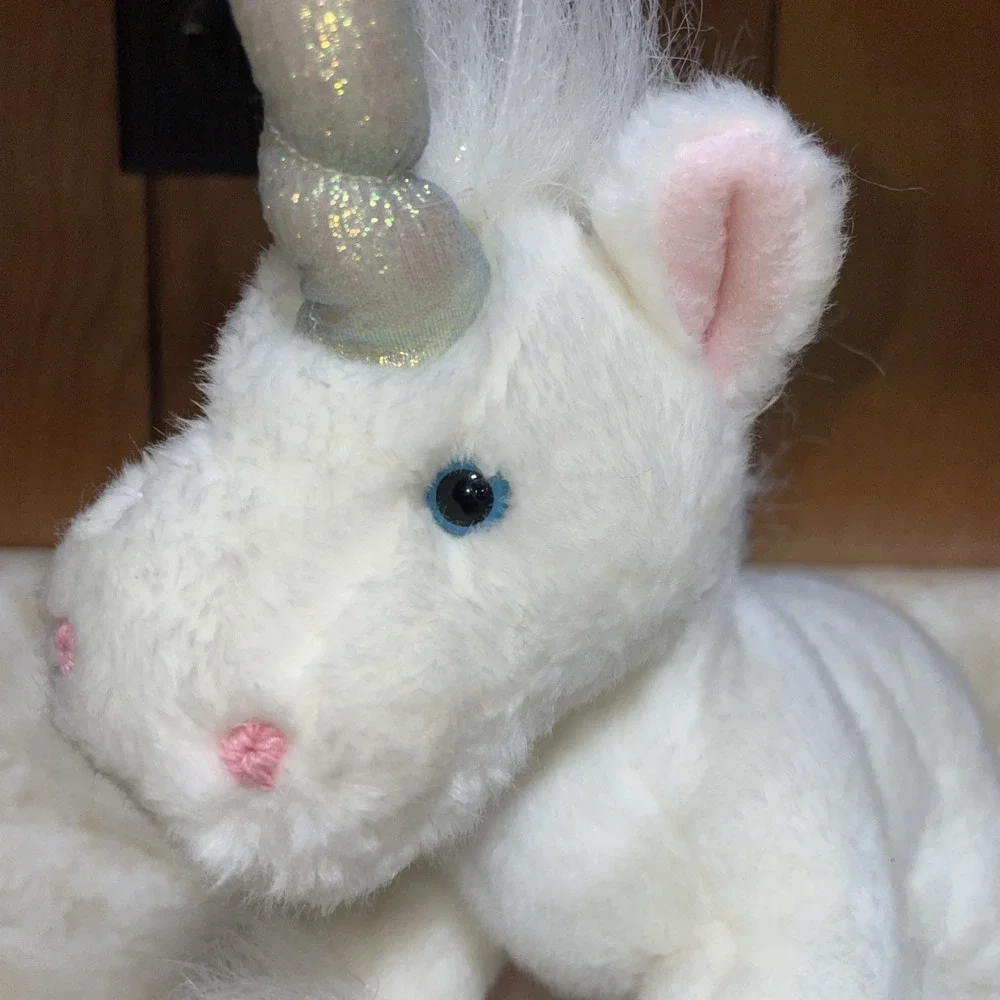 Vintage Gaia White Unicorn Plush Stuffed Animal Toy Blue Eyes Iri. Horn Mane‎